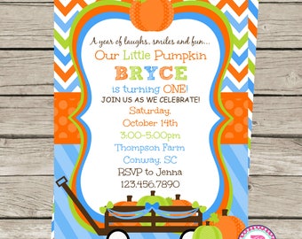 First Birthday Party Invitation Pumpkin Patch Our Little Pumpkin is turning One Fall Harvest Halloween Front Back Digital File Prints Farm