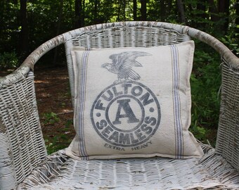 Vintage Grain Sack Pillow - Feed Sack - Fulton Seamless - Striped Grain Sack