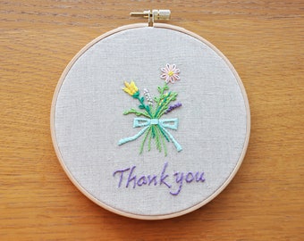 6" Embroidery hoop art decoration- Thank you flowers- designed by KC- hand-stitching