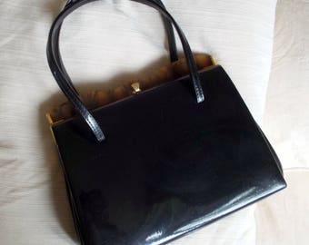 Vintage Harmony black patent handbag with tortoiseshell effect Lucite top