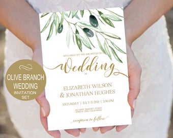 Olives Branch Wedding Invitation Template - Gold Rustic Watercolor -DIY Printable Wedding Invitation-PDF-Instant Download | VRD135WDG