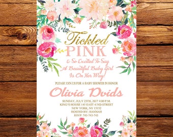 Tickled Pink Baby Shower Invitation, Girl Baby Shower Invitation, Tickled Pink Invitation, Floral Baby Shower, Watercolor Flower 195