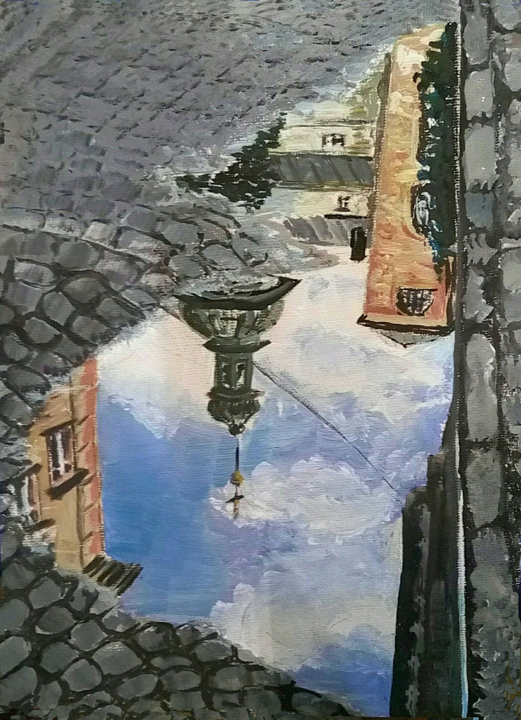 Spring puddle Reflection picture Original acrylic Painting
