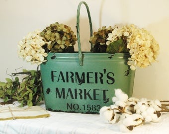 Farmers Market Fall Bucket, Autumn decor, Fall decor, Metal bucket, Green decor, Tin Bucket, Painted pail, Farmhouse bucket, Kitchen Decor