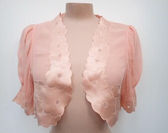 Pretty Vintage 1930's Floral Peach Pink Coral Shrug Bolero Jacket Wedding Size 6/8