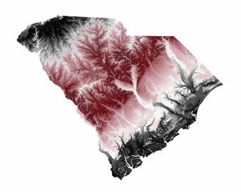 South Carolina Topographic Map in Maroon and Black