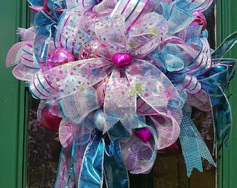 RAINBOW CHRISTMAS wreath, deco mesh, christmas, decoration,pink, lilac, blue, christmas,gold,door decor,gift,