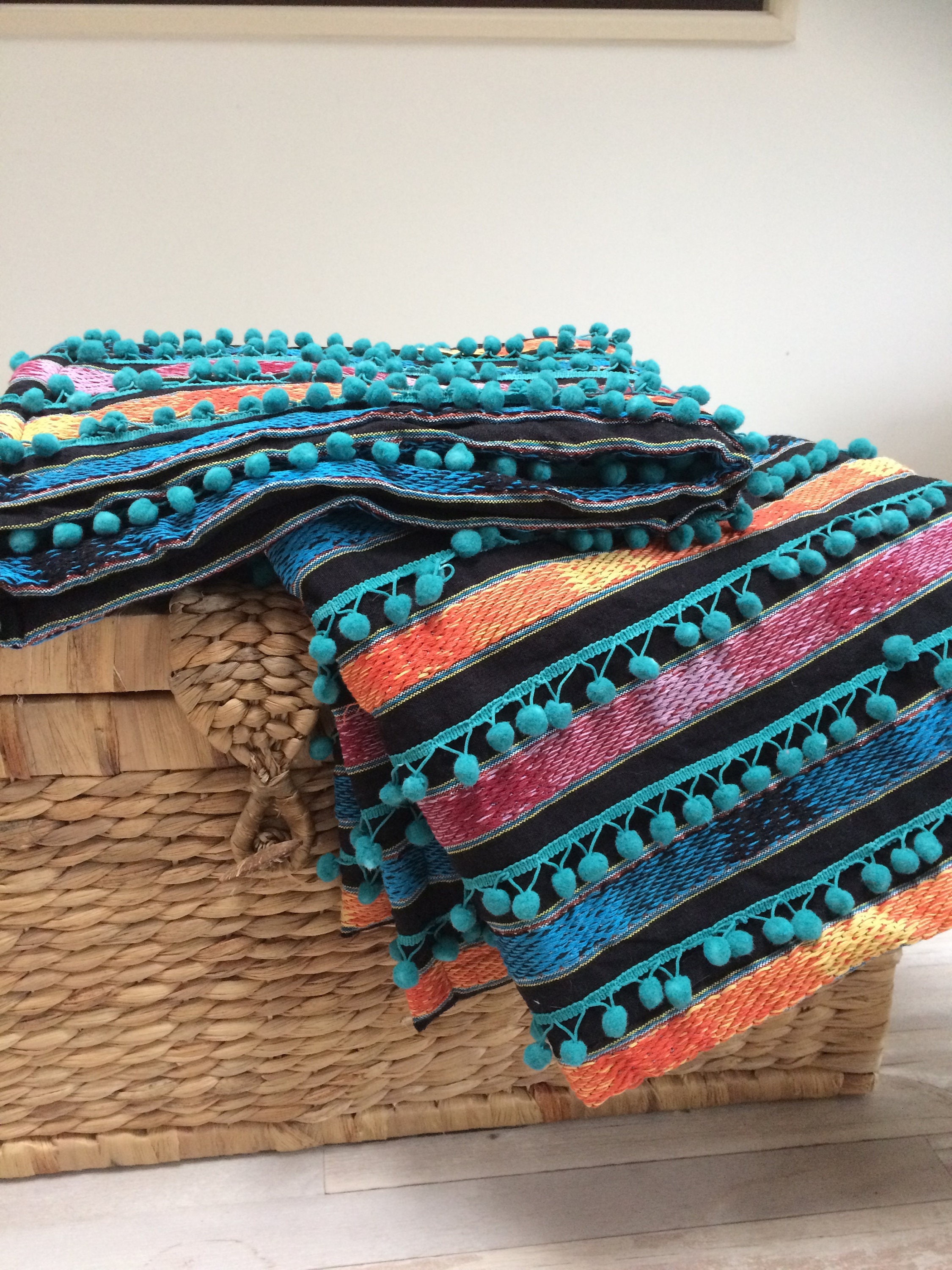 Mexican style boho pom pom aztec throw blanket