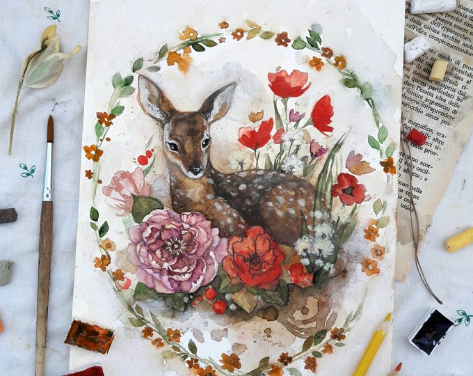 ORIGINAL watercolro painting, floral watercolor painting, forest deer, wall hanging, wall decor, wall art, fawn painting, gift, Russian art