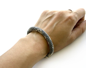 Bead Crochet Bracelet, Seed Bead Bracelet, Beadwork Jewelry, for Women, Elegant Bracelet , Grey, Silver, Handmade Bracelet, crochet bracelet