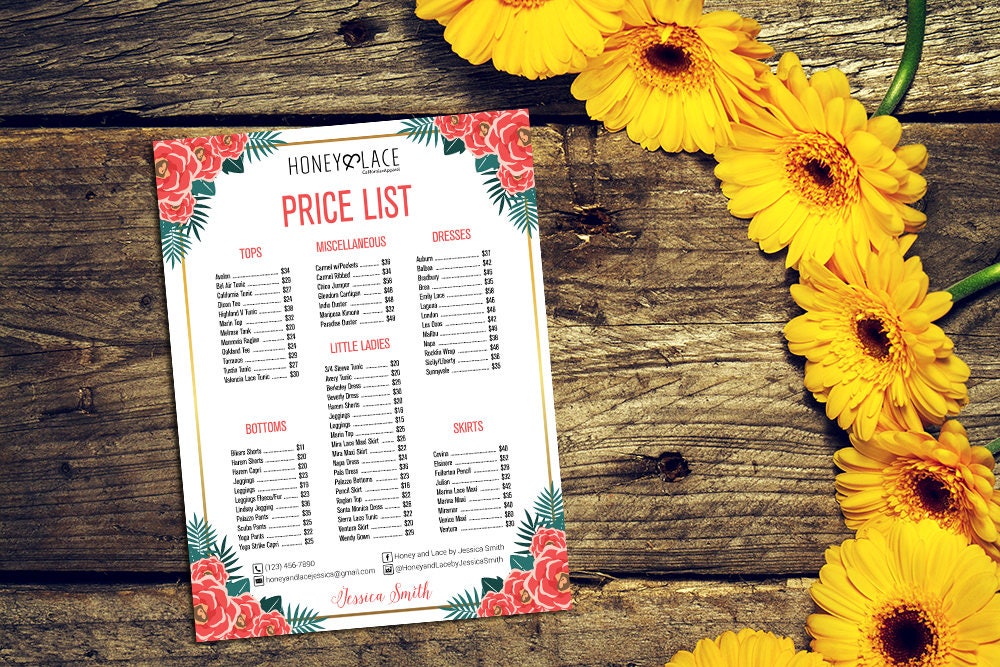 Honey and Lace Price List Poster Honey and Lace Pricing
