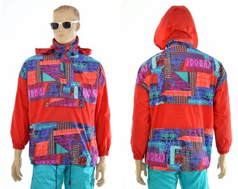 vintage RAIN JACKET by San Marco / retro 80s windbreaker / mens size M medium / nylon red neon cagoule