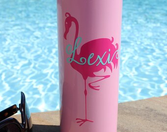 Personalized Flamingo Tumbler, Powder Coated Stainless Steel Tall Skinny 20 oz. Tumbler w/ Lid and Straw, Flamingo cup