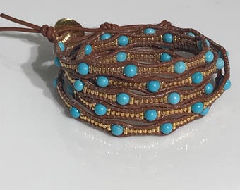 Five wrap bracelet- turqouise, gold-turquoise howlite beads, seed beads