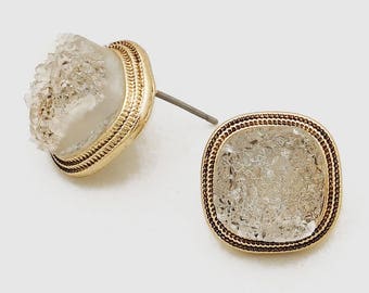 Gold & Silver Druzy Stone Stud Earrings, Clear Natural Quartz Earrings