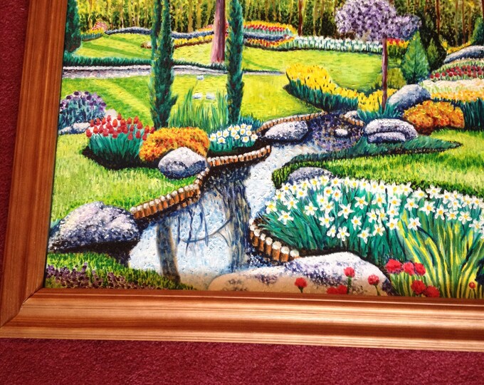 Reflection Park Pointilism Oil Painting 18x24, Oil Painting of a Flowering Park With Reflection Creek, Fine Art Painting, Wall Decor