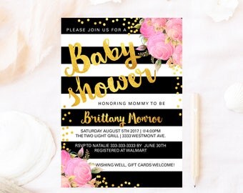 Floral Kate baby shower invitation, Spade baby shower invitation, Kate baby shower invitation, black and white stripe Spade baby shower