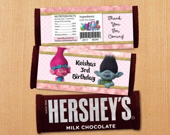 Personalized Trolls Hersheys Chocolate Candy Bar Wrapper Birthday Party Printable - Digital File