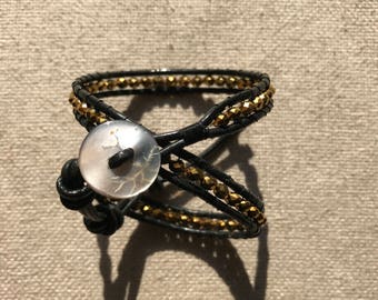 GOLD - Black leather bracelet with golden crystal beads