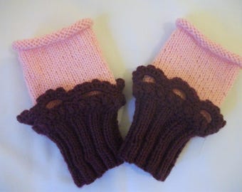 Fingerless gloves arm warmers pink and Burgundy knit and crochet women