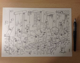 Black and white original drawing on ivory paper.