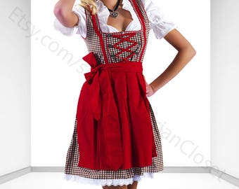 Dirndl Dress Brown-Red, Ethnic 3 Piece Oktoberfest Bavarian Trachten. Austrian, German Folk Outfit - Dirndl Costume With Apron and Blouse