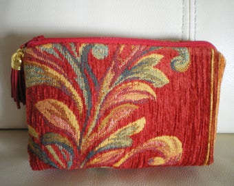 small vintage tapestry style red floral velvet makeup case