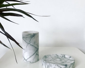 Marble Bathroom Set // Cup and Soap dish // toothbrush holder // makeup brush holder