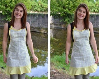 Retro apron for adult blue and yellow