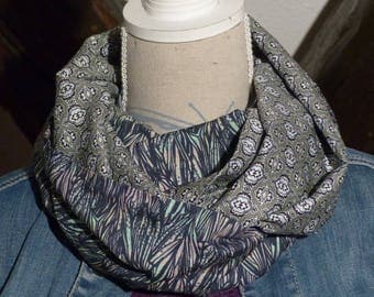 Collar snood scarf F296 tissue fluid leaf impressions and khaki ethnic prints