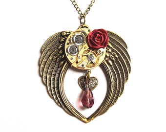 Steampunk Necklace - Large Angel Wings Steampunk Rose with Vintage Watch Movement