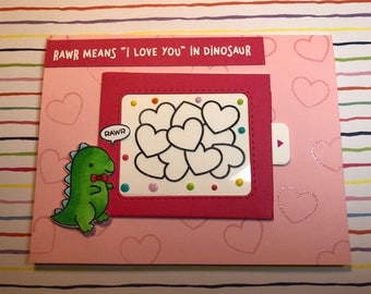 Dinosaur magic slider conversation heart Valentine's Day card