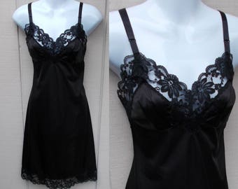 Vintage 70s Black Nylon Tricot Slip with Lace trimmed Bodice by Lorraine / Vintage full dress slip // Size 34 Bust ~ Small