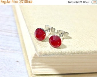 Christmas in July SALE. Red Rhinestone Stud Earrings, Small Red Rhinestone Studs, July Birthstone Studs, Red Glass Studs, Red Earrings, Surg