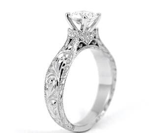 Antique Elegant Disney Princess Ring Vintage Antique Inspired White Gold and Diamond Engagement Ring Millgrain Scrollwork Engraving Rickson