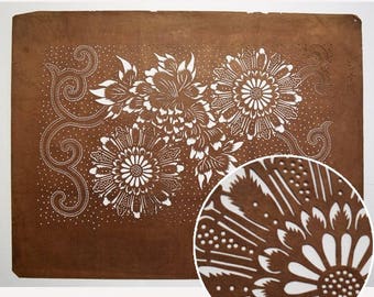 Vintage Japanese Katagami Stencil Persimmon Paper "Arabseque Floral"