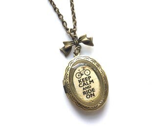 Steampunk Vintage Retro Bike Keep Calm Ride On Silver Locket Necklace