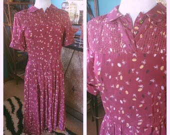 Vintage 1940s Dress Novelty Print Burgundy Red Atomic Swing Rockabilly Pinup M L 40s