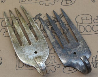 Fork Hooks - 1 Pair - For Coats Hats or Jewelry Racks - Made From Antique Sterling Silver Plated Dinner Forks - Super Sale Price!