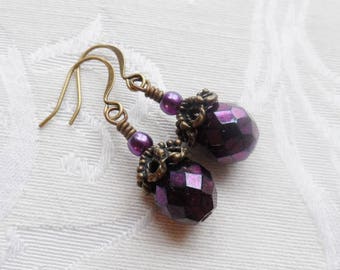 50% Off- Metallic Purple Czech Glass Earrings, Antique Brass