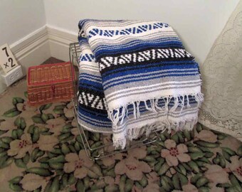 Blue stripe 70s vintage Mexican blanket wool Vintage blue and gray Serape festival boho 70s hippie Mexican serape blanket
