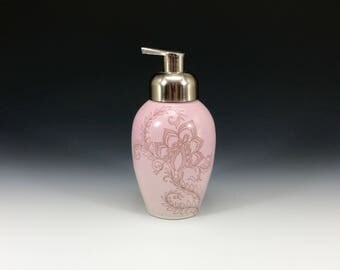 Lavender pink glazed porcelain foam soap dispenser/ foaming soap dispenser/ ceramic dispenser with henna design and brushed nickel pump
