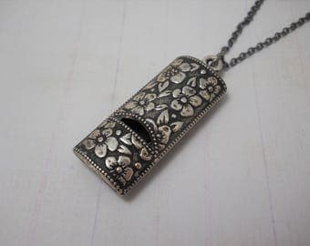 RESERVED Vintage Silver Embossed Whistle Necklace on Long Chain Unique Pendant Antiqued Silver Gunmetal Vintage 1975 Avon Collection