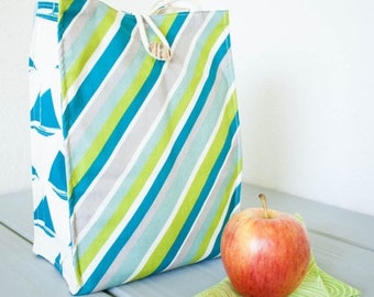 ON SALE Insulated Organic Cotton Lunch Bag -- Blue and Green Stripes with Teal Blue Sailboats -- PLASTIC Free!