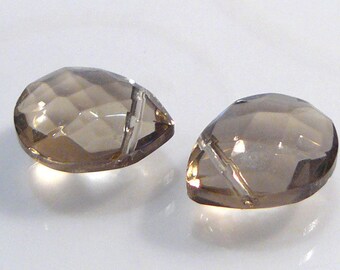 2 Beads....Smokey Quartz Glass Faceted Briolette Beads...12x9mm