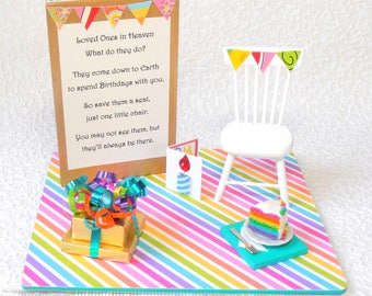Birthdays in Heaven poem, miniature birthday scene, based on Christmas in Heaven poem, memorial table top display, empty chair poem