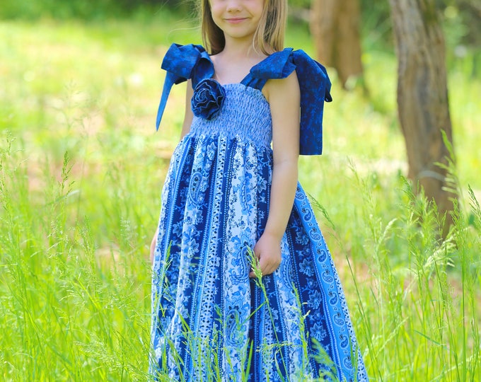 Summer Maxi Dress - Baby Girls - Toddlers - Sleeveless - Beach - Blue - Long Boho Dress - Ruffle - Cotton Dresses - Boutique 12 mo to 8 yrs