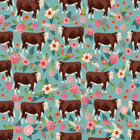 Cow Fabric Hereford Cow Floral Gulf Blue By Petfriendly