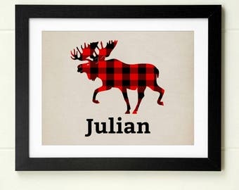 Baby boy nursery wall art woodland nursery moose print red black buffalo plaid forest animal nursery decor personalized baby gift for baby
