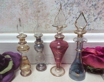 Vintage set 4 pastel colors perfume bottles, tiny pastel glass perfume bottles set, handpainted gold leaf vanity bottles, 4 crystal bottles